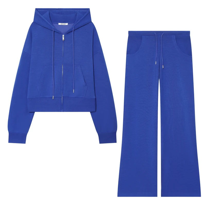 Damen Cropped Sweatjacke mit Metallreißverschluss, Kängurutasche und oversized Kapuze Drune