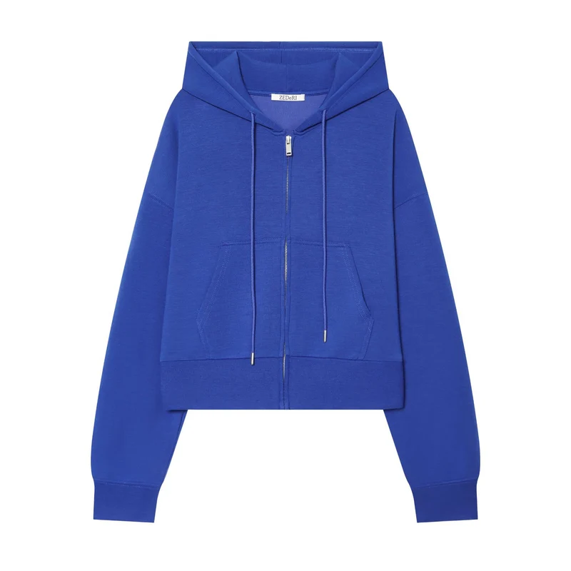 Damen Cropped Sweatjacke mit Metallreißverschluss, Kängurutasche und oversized Kapuze Drune