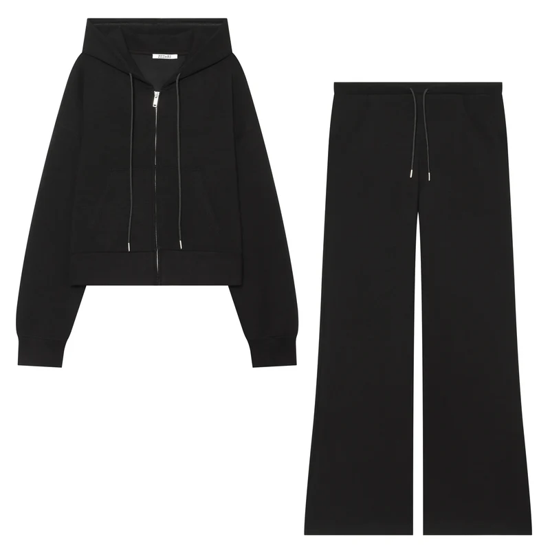 Damen Cropped Sweatjacke mit Metallreißverschluss, Kängurutasche und oversized Kapuze Drune