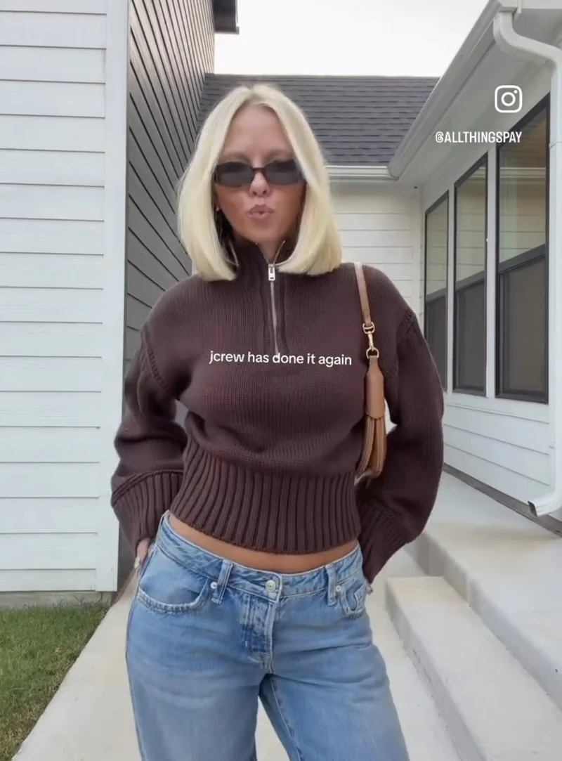Damen Cropped Strickpullover mit halbem Reißverschluss, Stehkragen und Ballonärmeln Drune