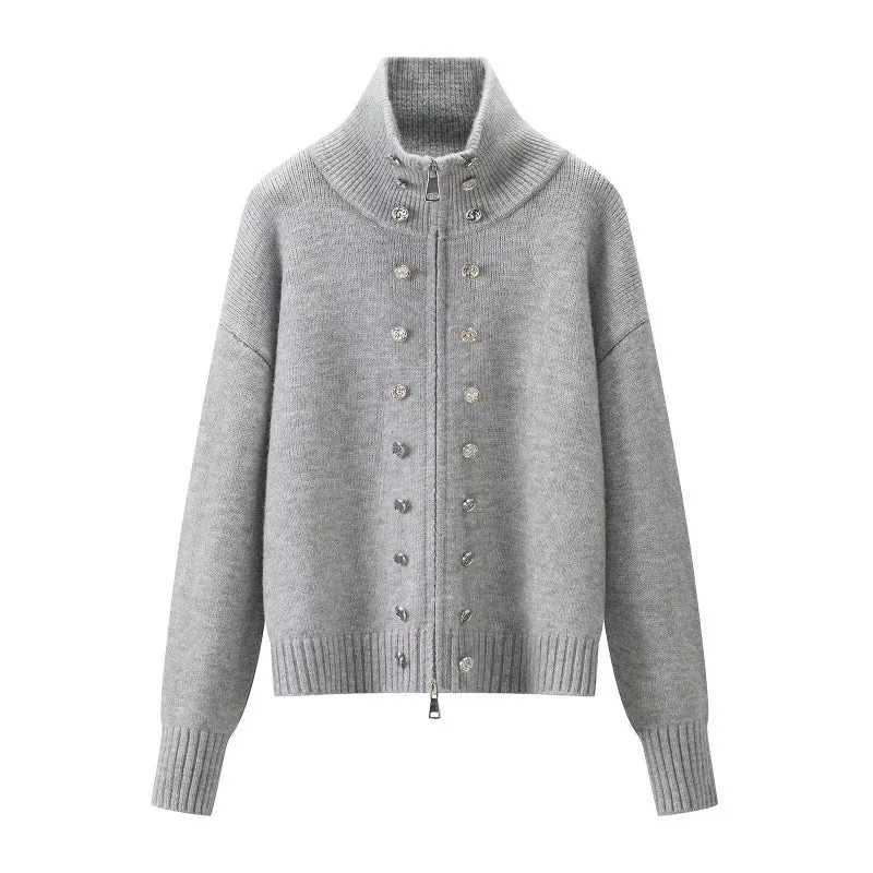 Damen Cropped Strickjacke mit hohem Stehkragen, Zierknopfleiste und Doppelreißverschluss Drune