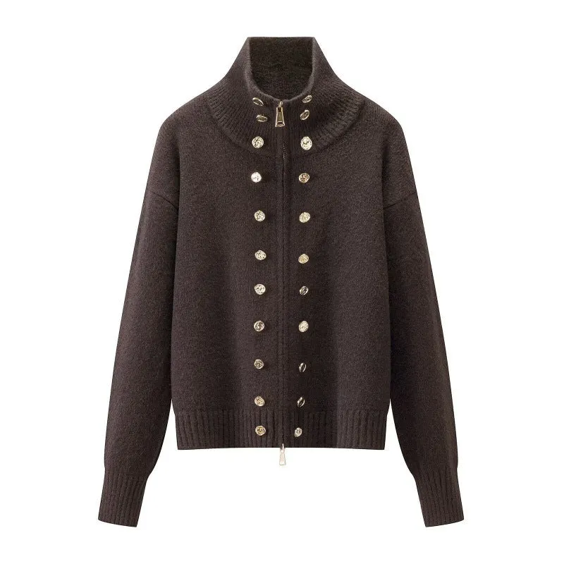 Damen Cropped Strickjacke mit hohem Stehkragen, Zierknopfleiste und Doppelreißverschluss Drune