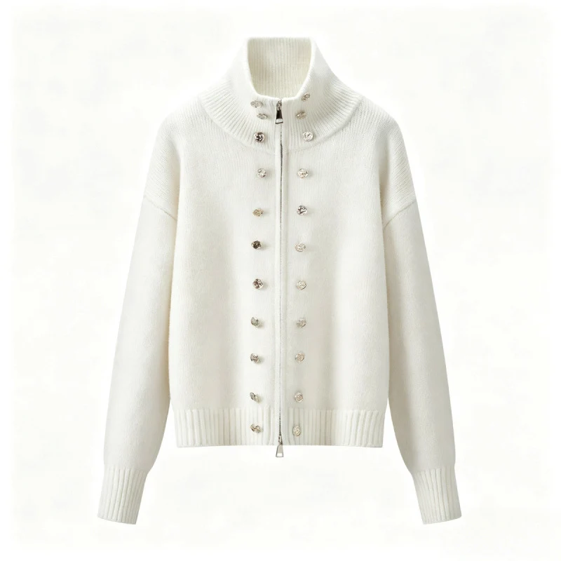 Damen Cropped Strickjacke mit hohem Stehkragen, Zierknopfleiste und Doppelreißverschluss Drune