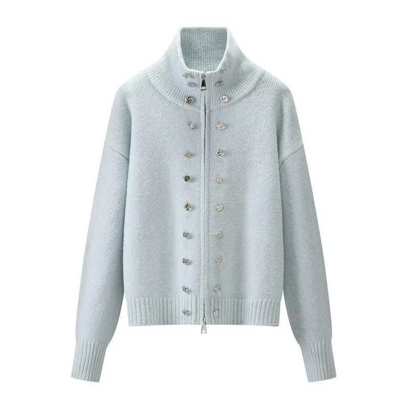 Damen Cropped Strickjacke mit hohem Stehkragen, Zierknopfleiste und Doppelreißverschluss Drune