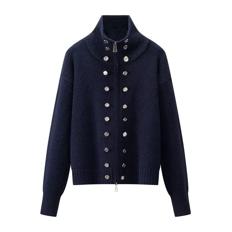Damen Cropped Strickjacke mit hohem Stehkragen, Zierknopfleiste und Doppelreißverschluss Drune