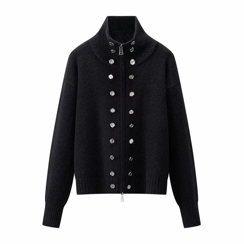 Damen Cropped Strickjacke mit hohem Stehkragen, Zierknopfleiste und Doppelreißverschluss Drune