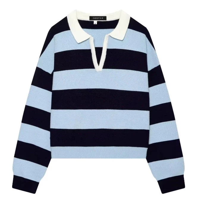 Damen Cropped Rugby-Strickpullover mit Kentkragen und V‑Ausschnitt Drune