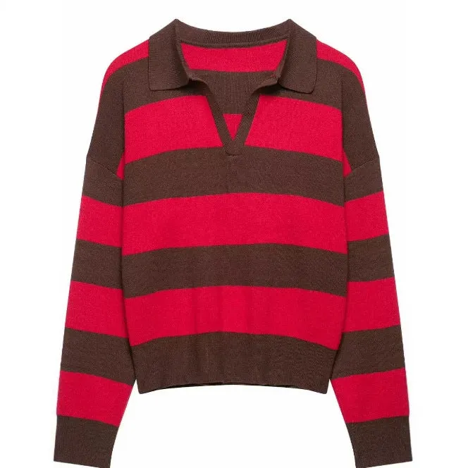 Damen Cropped Rugby-Strickpullover mit Kentkragen und V‑Ausschnitt Drune