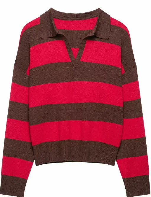 Damen Cropped Rugby-Strickpullover mit Kentkragen und V‑Ausschnitt Drune