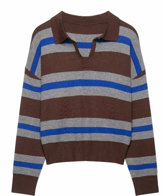 Damen Cropped Rugby-Strickpullover mit Kentkragen und V‑Ausschnitt Drune