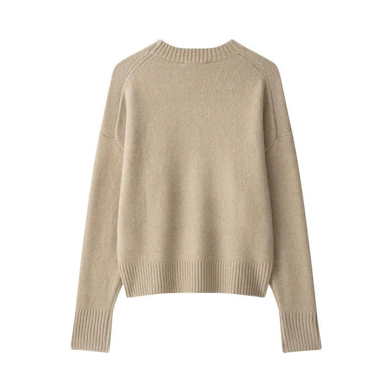 Damen Cropped Oversize Feinstrickpullover mit weitem Schnitt, Rundhalsausschnitt und extra langen Rippbündchen Drune