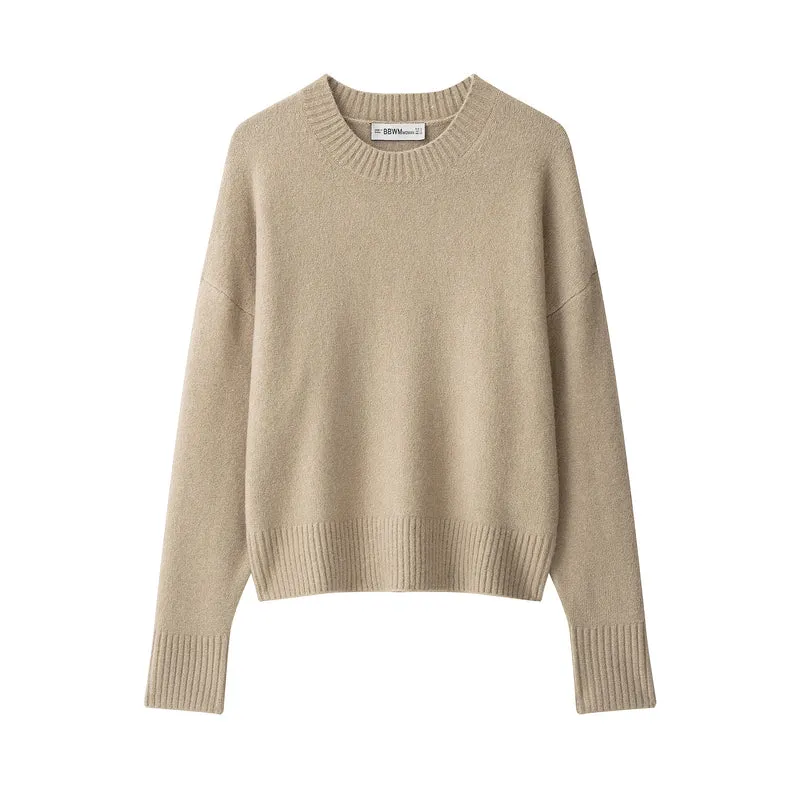 Damen Cropped Oversize Feinstrickpullover mit weitem Schnitt, Rundhalsausschnitt und extra langen Rippbündchen Drune