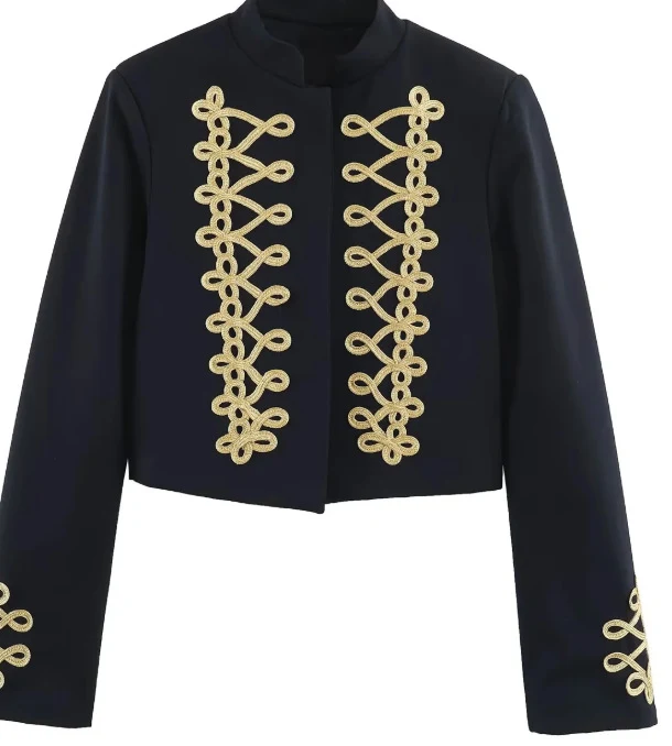 Damen Cropped Militärjacke mit Stehkragen und dekorativen Zierkordeln Drune