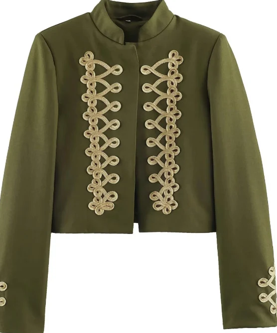 Damen Cropped Militärjacke mit Stehkragen und dekorativen Zierkordeln Drune