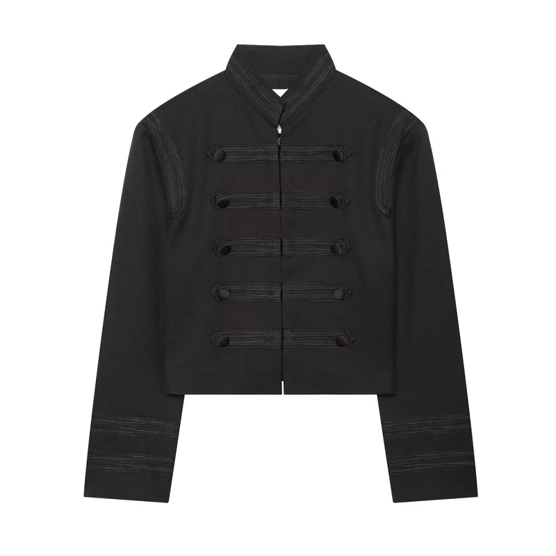 Damen Cropped‑Militärblouson mit Stehkragen, Zierborten und dekorativen Knopfdetails Drune