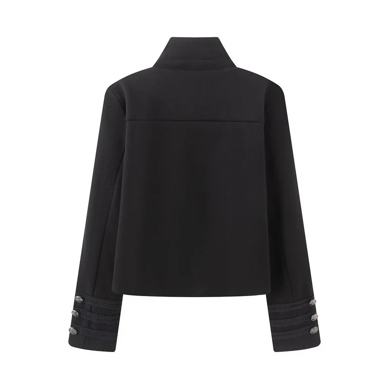 Damen Cropped Militärblazer mit Stehkragen, Zierkordeln und Metallknöpfen Drune