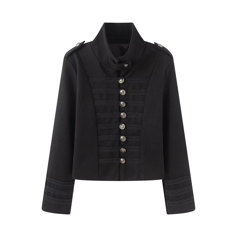 Damen Cropped Militärblazer mit Stehkragen, Zierkordeln und Metallknöpfen Drune