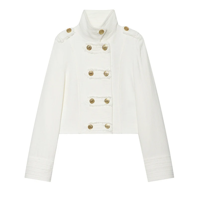 Damen Cropped Militärblazer mit Stehkragen, Epauletten und dekorativer Zierknopfleiste Drune