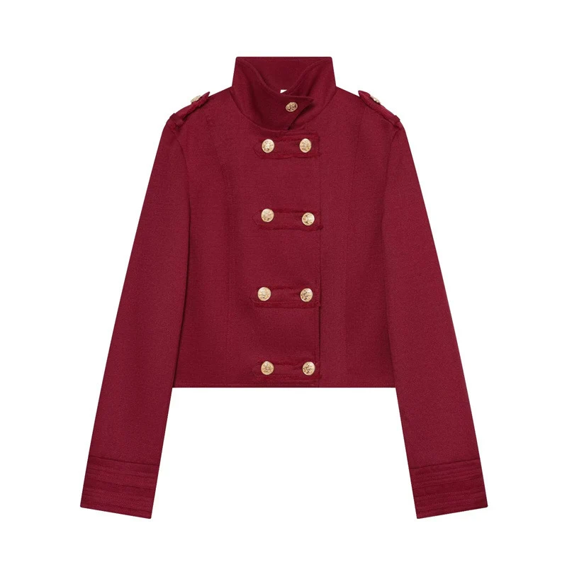 Damen Cropped Militärblazer mit Stehkragen, Epauletten und dekorativer Zierknopfleiste Drune