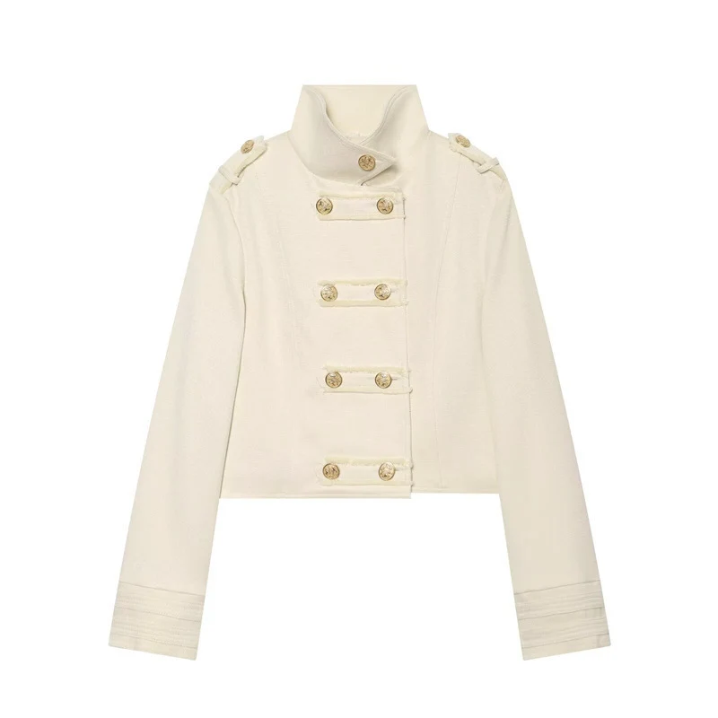 Damen Cropped Militärblazer mit Stehkragen, Epauletten und dekorativer Zierknopfleiste Drune