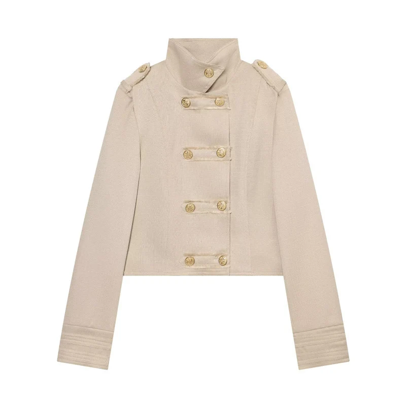 Damen Cropped Militärblazer mit Stehkragen, Epauletten und dekorativer Zierknopfleiste Drune