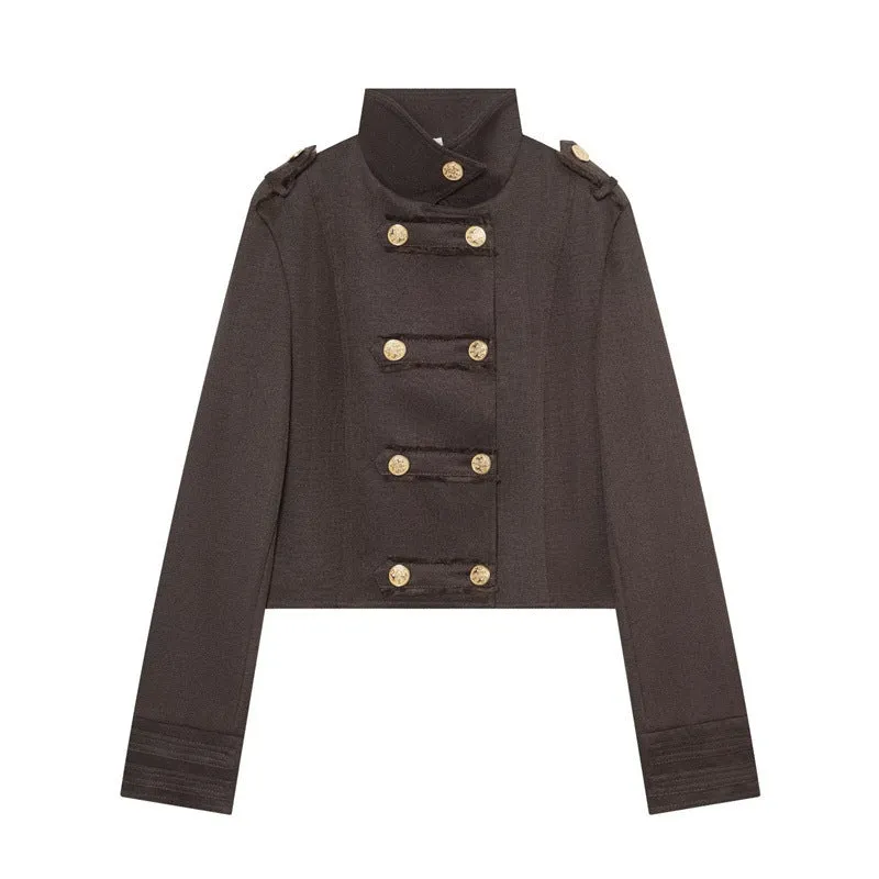 Damen Cropped Militärblazer mit Stehkragen, Epauletten und dekorativer Zierknopfleiste Drune