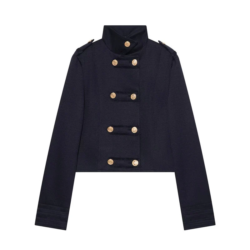 Damen Cropped Militärblazer mit Stehkragen, Epauletten und dekorativer Zierknopfleiste Drune