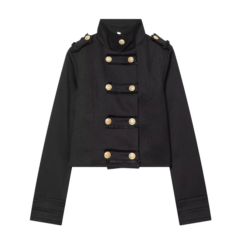 Damen Cropped Militärblazer mit Stehkragen, Epauletten und dekorativer Zierknopfleiste Drune