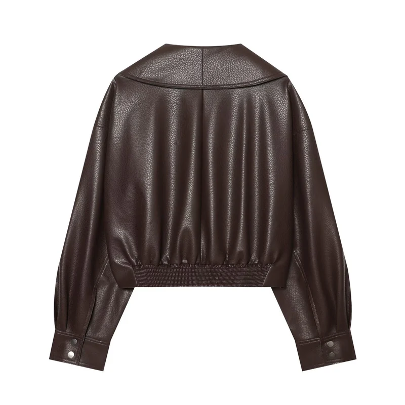 Damen Cropped Lederoptik-Blouson mit übergroßem Schalkragen und asymmetrischem Taillengürtel Drune
