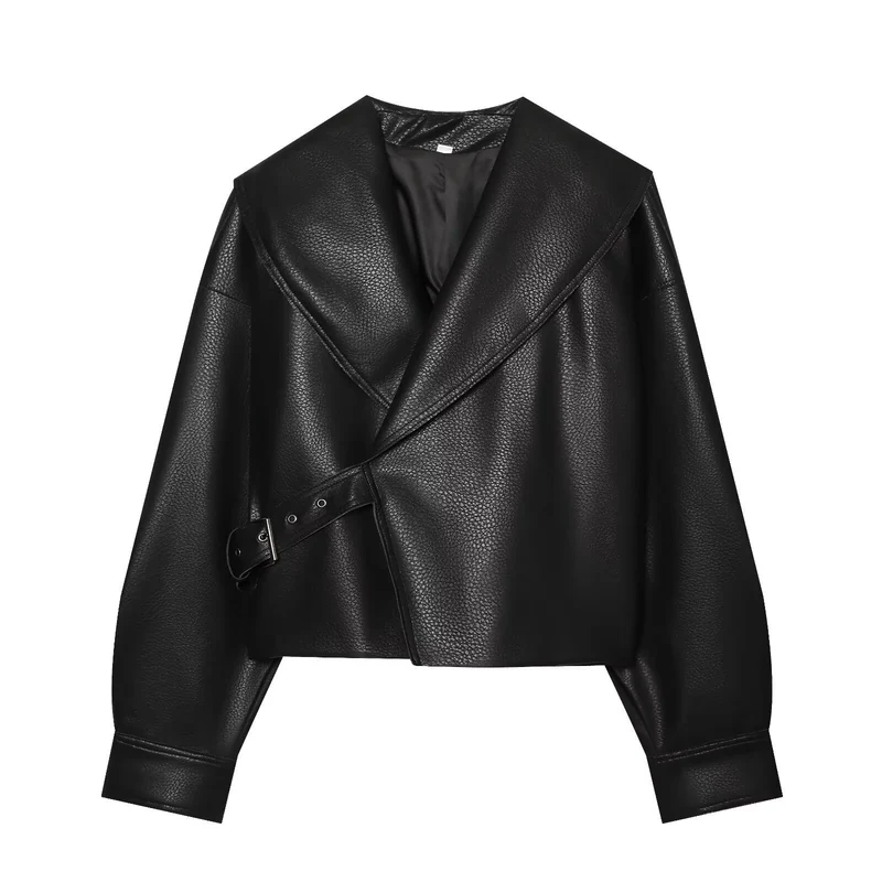Damen Cropped Lederoptik-Blouson mit übergroßem Schalkragen und asymmetrischem Taillengürtel Drune