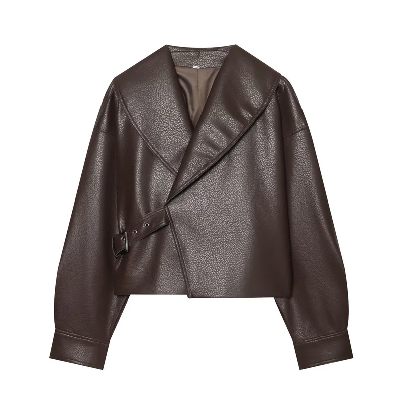 Damen Cropped Lederoptik-Blouson mit übergroßem Schalkragen und asymmetrischem Taillengürtel Drune