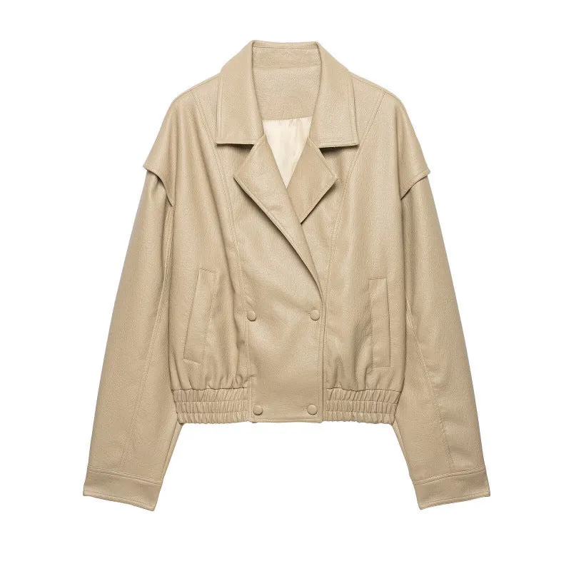 Damen Cropped Lederimitat-Blouson mit doppelreihiger Knopfleiste, weitem Revers und elastischem Saum Drune