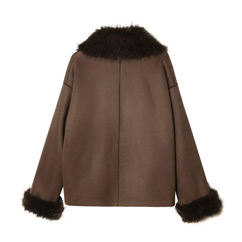 Damen Cropped Lammfell‑Imitat‑Jacke mit großem Schalkragen und Fellbesatz Drune