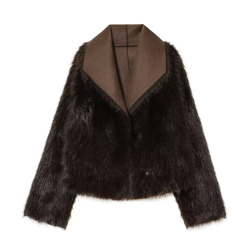 Damen Cropped Lammfell‑Imitat‑Jacke mit großem Schalkragen und Fellbesatz Drune