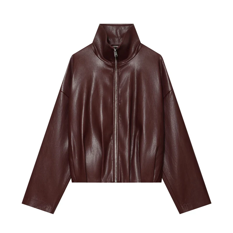 Damen Cropped Kunstlederjacke mit hohem Funnelkragen und durchgehendem Reißverschluss Drune