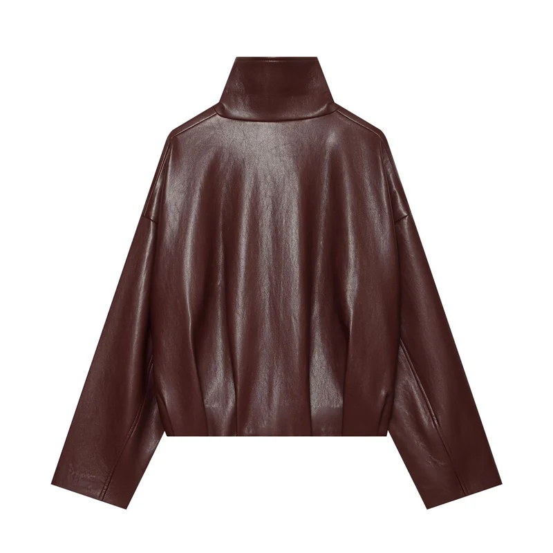Damen Cropped Kunstlederjacke mit hohem Funnelkragen und durchgehendem Reißverschluss Drune