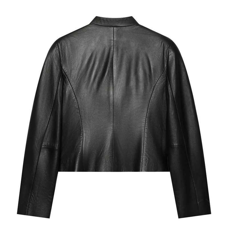 Damen Cropped Kunstlederjacke im Mandarin Militärestik mit Zierkordeln und Stehkragen Drune
