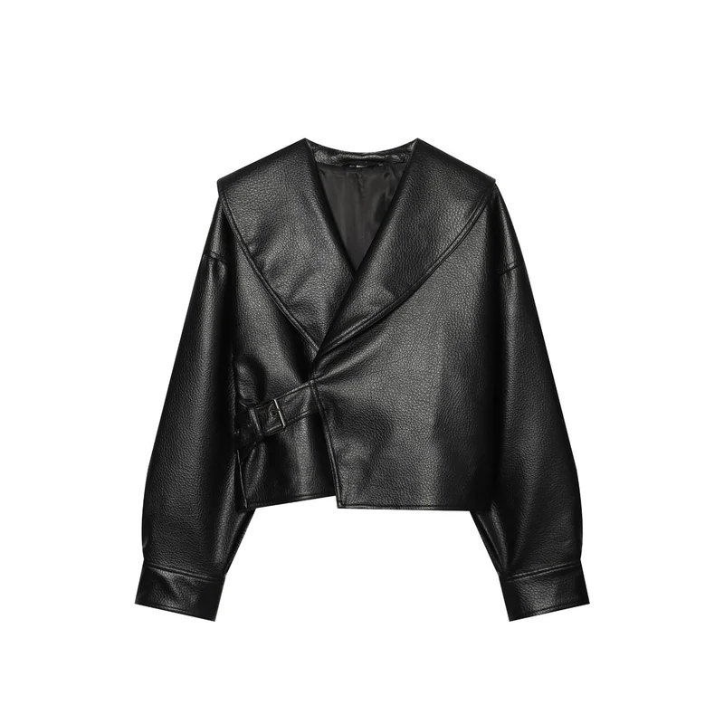 Damen Cropped Kunstlederblouson mit großem Schalkragen und Taillenband Drune