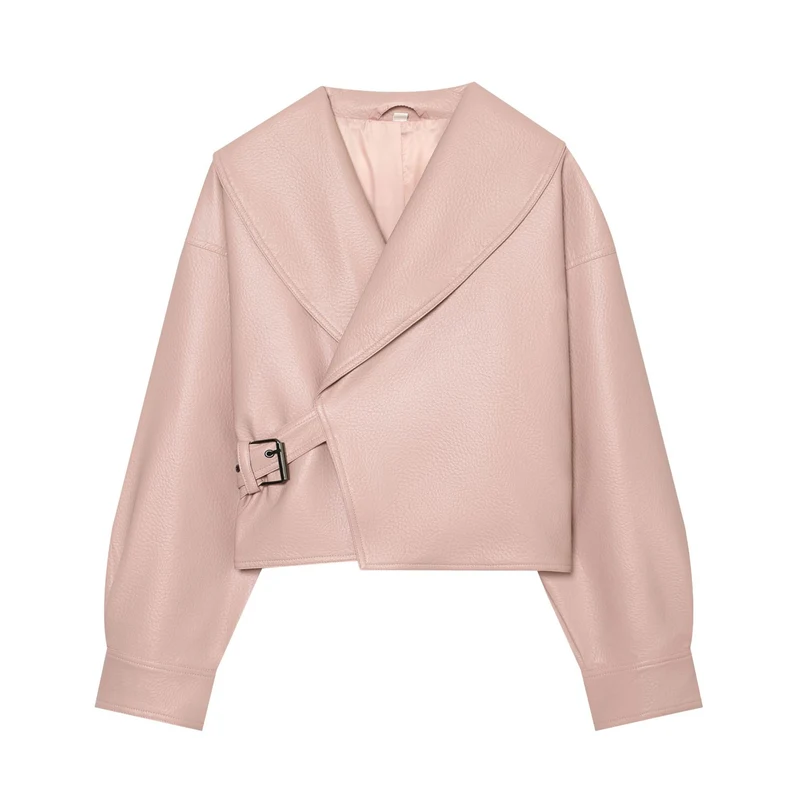 Damen Cropped Kunstlederblouson mit großem Schalkragen und Taillenband Drune