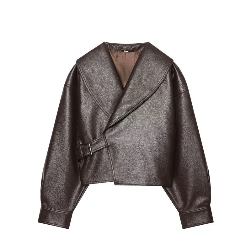 Damen Cropped Kunstlederblouson mit großem Schalkragen und Taillenband Drune