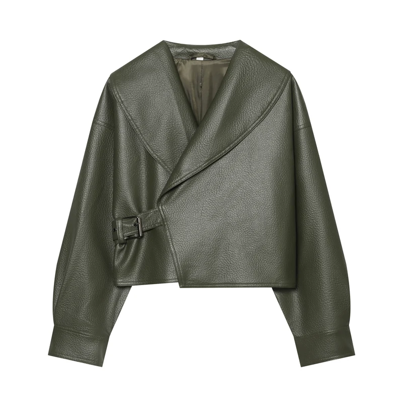 Damen Cropped Kunstlederblouson mit großem Schalkragen und Taillenband Drune