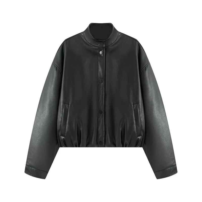 Damen Cropped Kunstleder‑Bomber mit Stehkragen, Druckknopfleiste und elastischem Bund Drune