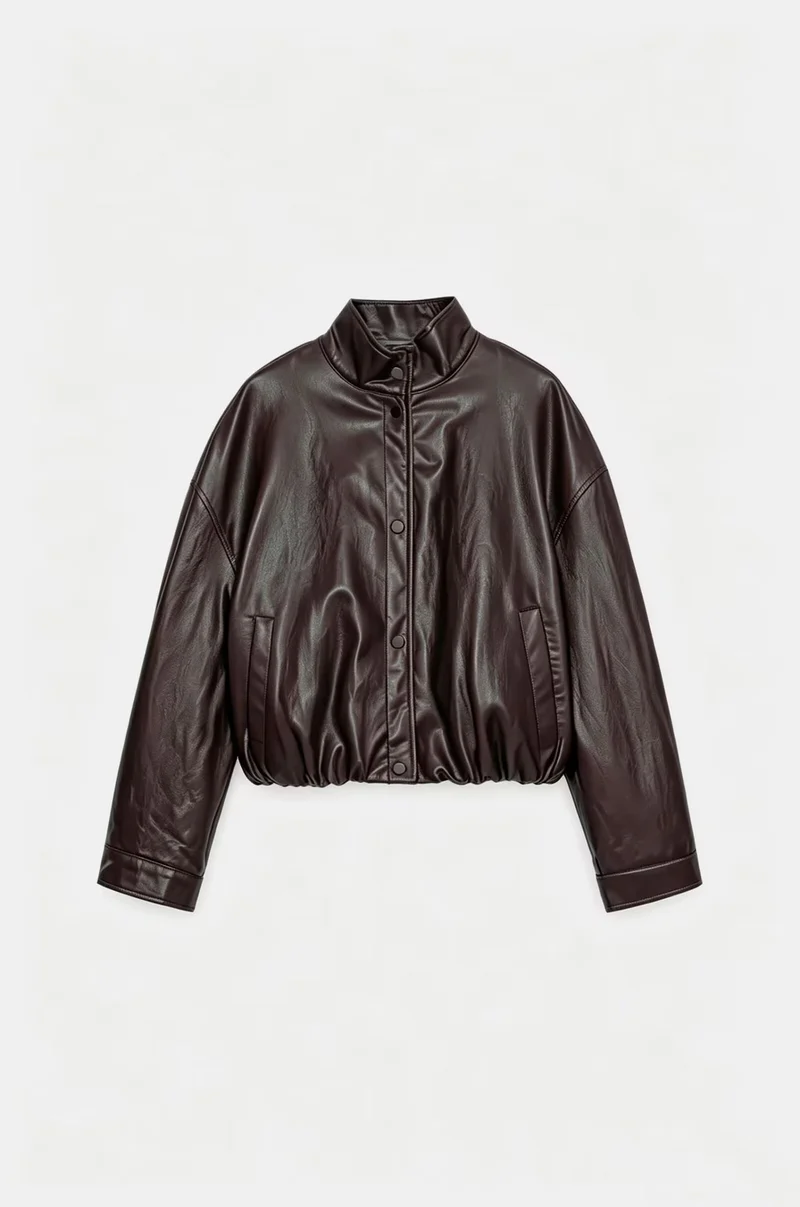 Damen Cropped Kunstleder‑Bomber mit Stehkragen, Druckknopfleiste und elastischem Bund Drune