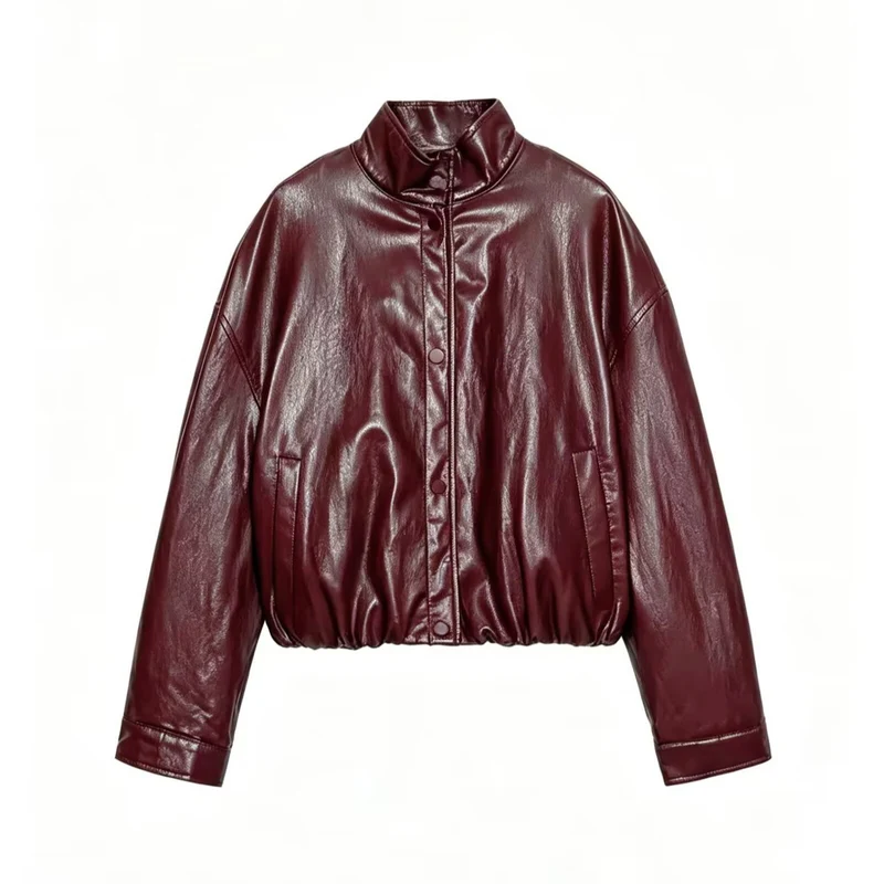 Damen Cropped Kunstleder‑Bomber mit Stehkragen, Druckknopfleiste und elastischem Bund Drune