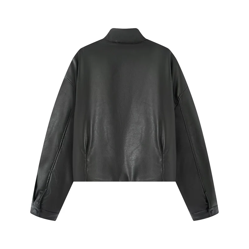 Damen Cropped Kunstleder‑Bomber mit Stehkragen, Druckknopfleiste und elastischem Bund Drune