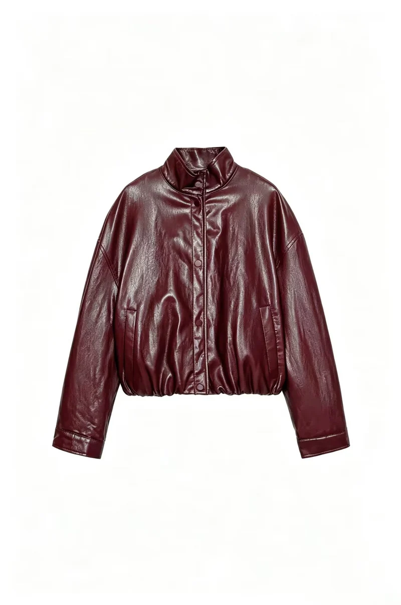 Damen Cropped Kunstleder‑Bomber mit Stehkragen, Druckknopfleiste und elastischem Bund Drune