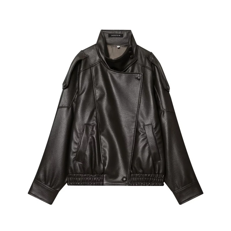 Damen Cropped Kunstleder‑Bomber mit asymmetrischer Druckknopfblende und Funnelkragen Drune