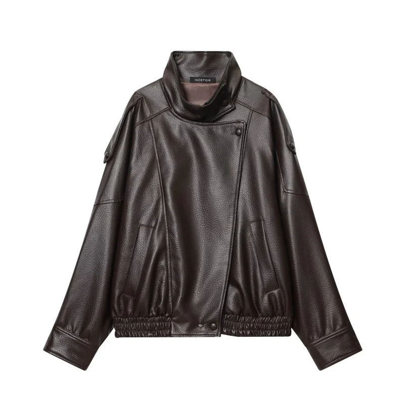 Damen Cropped Kunstleder‑Bomber mit asymmetrischer Druckknopfblende und Funnelkragen Drune