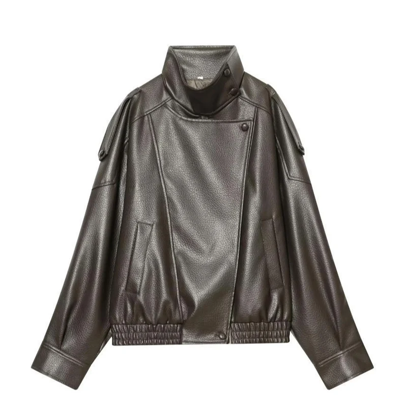 Damen Cropped Kunstleder‑Bomber mit asymmetrischer Druckknopfblende und Funnelkragen Drune
