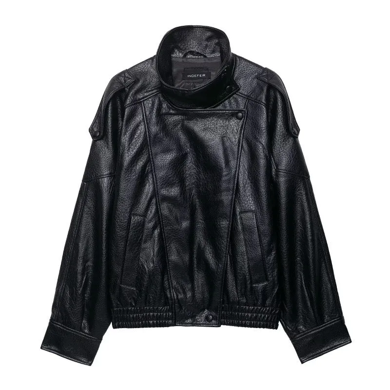 Damen Cropped Kunstleder‑Bomber mit asymmetrischer Druckknopfblende und Funnelkragen Drune